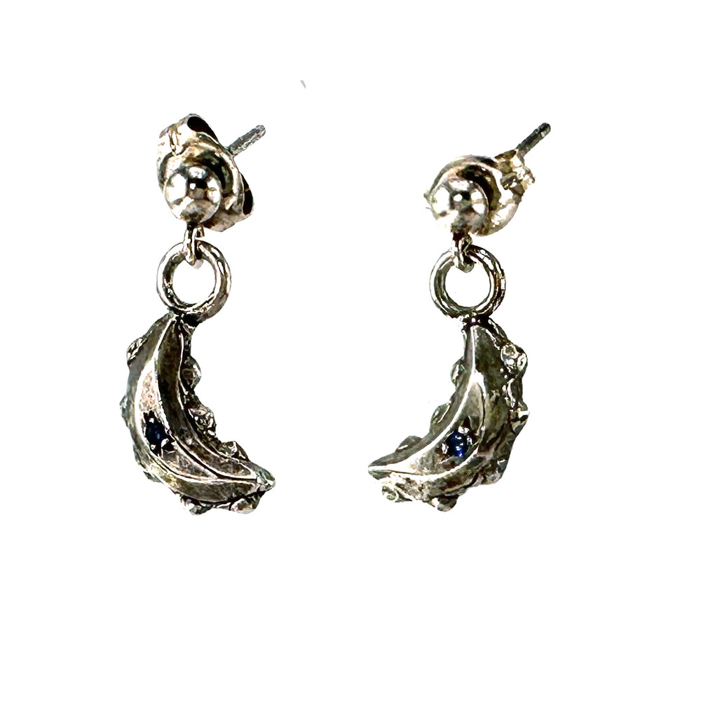 Crescent Moon Earrings - Silver and Blue Sapphire